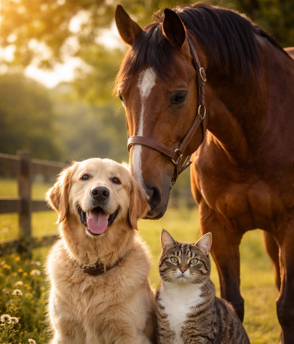 A golden retriever, a tabby cat, and a bay horse together in a sunlit pasture